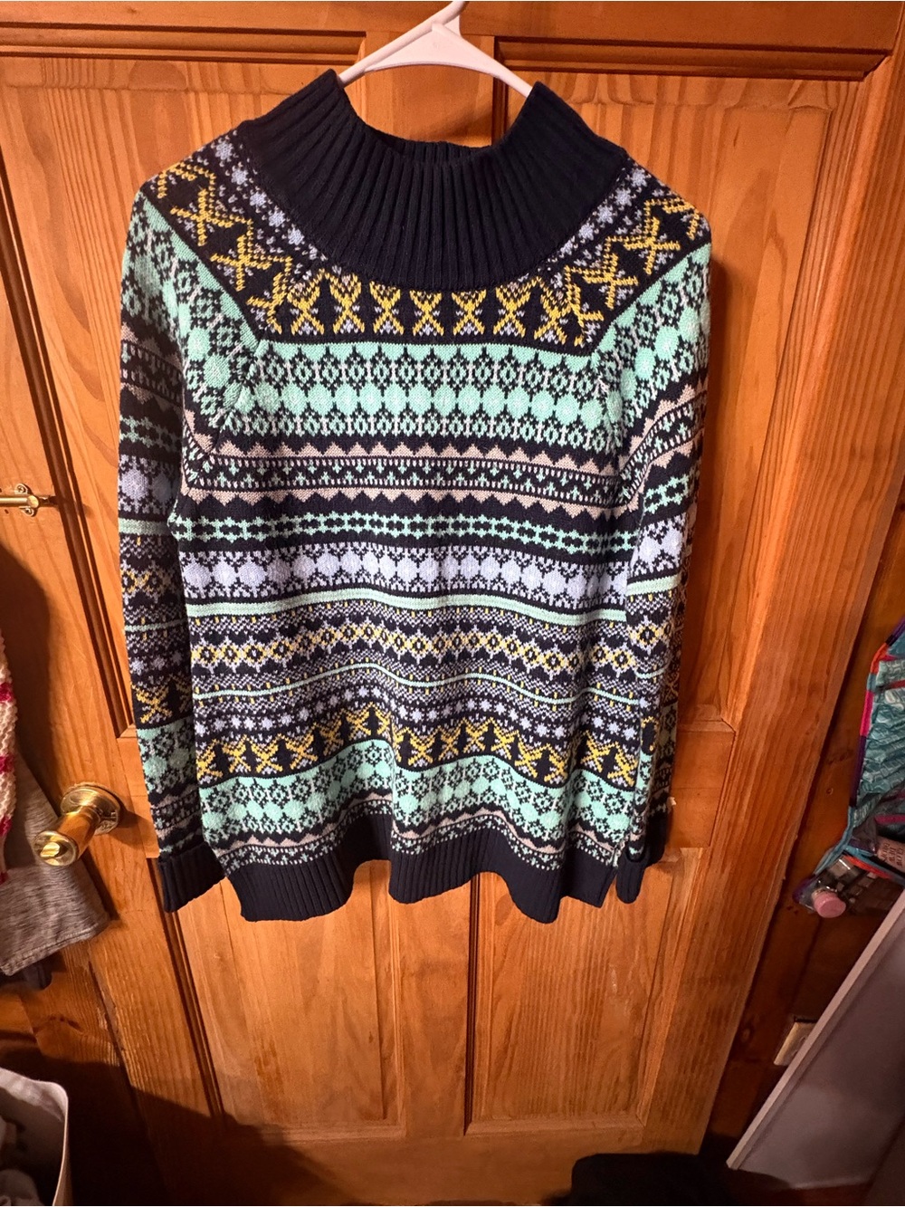 New York & Company Navy Fair Isle Cowl Neck Sweater with Mint and Yellow Accents